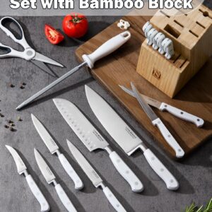 Cook N Home Kitchen Knife Set with Bamboo Storage Block 15-Piece, High Carbon Stainless Steel Blade, White