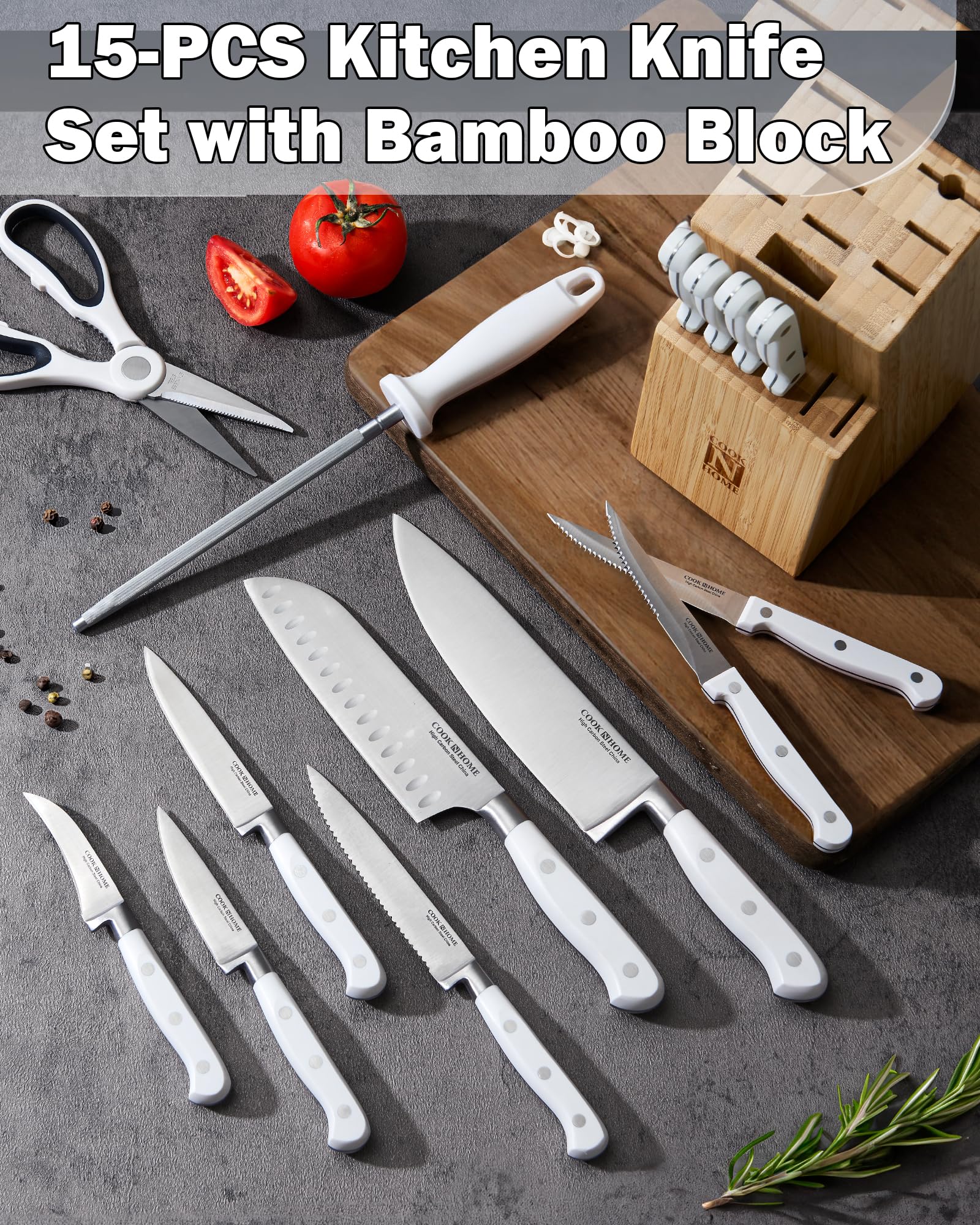 Cook N Home Kitchen Knife Set with Bamboo Storage Block 15-Piece, High Carbon Stainless Steel Blade, White