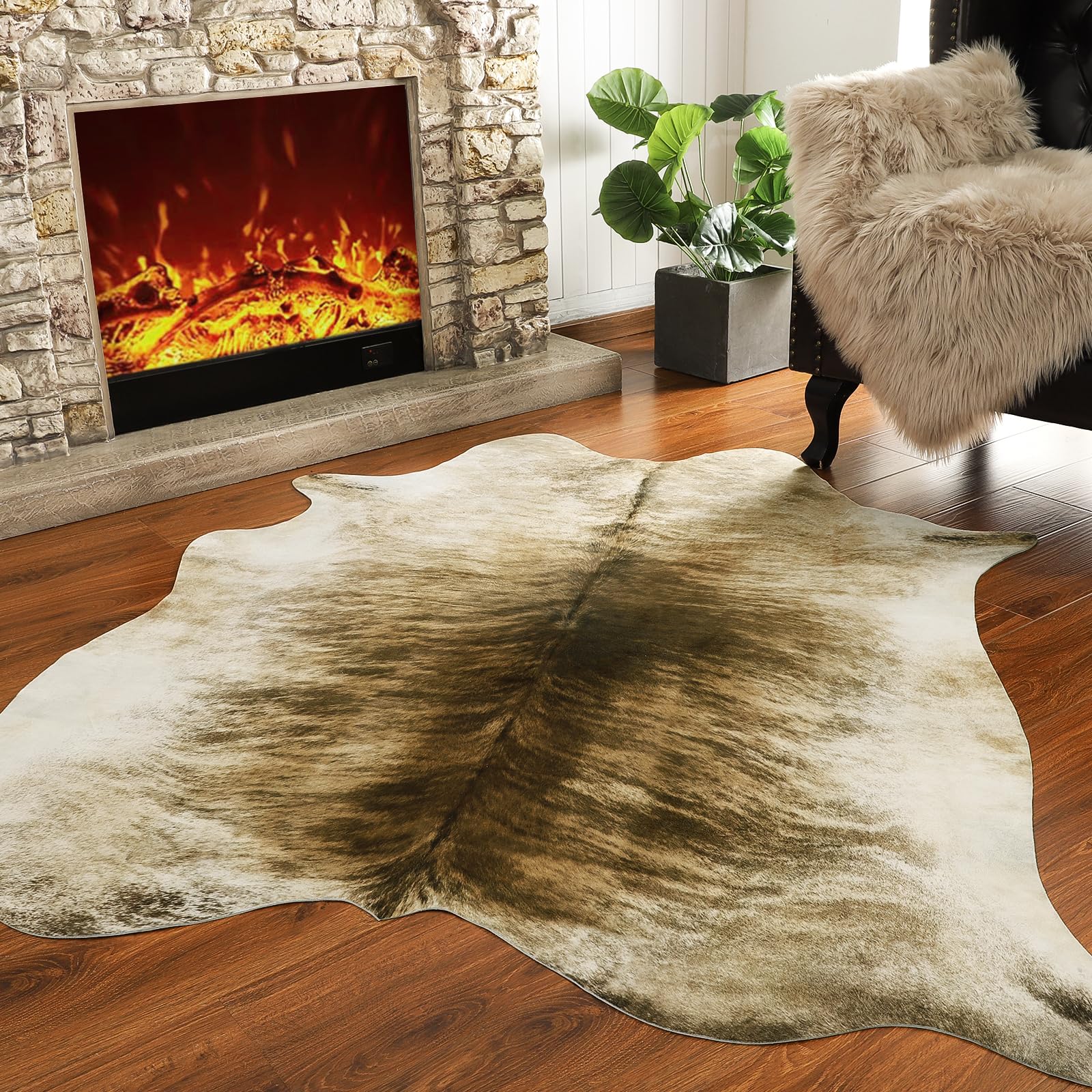 AROGAN Western Decor Faux Fur Cowhide Rug, 4.6 x 5.2 Feet Premium Animal Skin Cow Hide Rug, Sturdy Cow Print Rugs for Wall Decor, Western Floor Carpet for Bedroom Living Room, Brownish