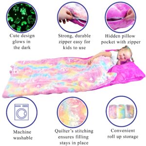 Rainbow Sleeping Bag Glow in The Dark Unicorn Slumber Bag for Girls - Plush Glowing Girly Nap Mat for Kids- Narwhal & Kitticorn Pink Large 66in x 30in Warm Sleeping Blanket Pad for Girls