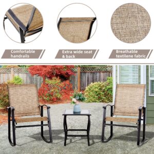 Vongrasig 3 Piece Outdoor Rocking Bistro Set, Textilene Fabric Small Patio Furniture Set, Front Porch Rocker Chairs Conversation Set with Glass Table for Lawn, Garden, Balcony, Poolside (Brown)