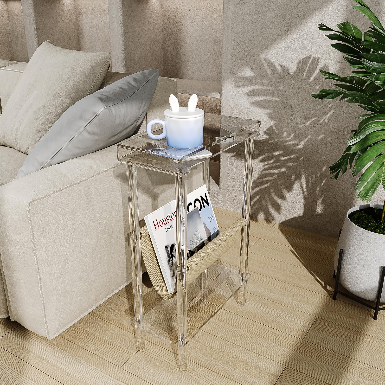 Eglaf Acrylic Narrow Side Table for Small Spaces - Slim End Table with Magazine Holder - Skinny Side Table Small Bedside Table Nightstand for Living Room Bedroom- 15.7” L x 7” W x 23.9” H, Clear