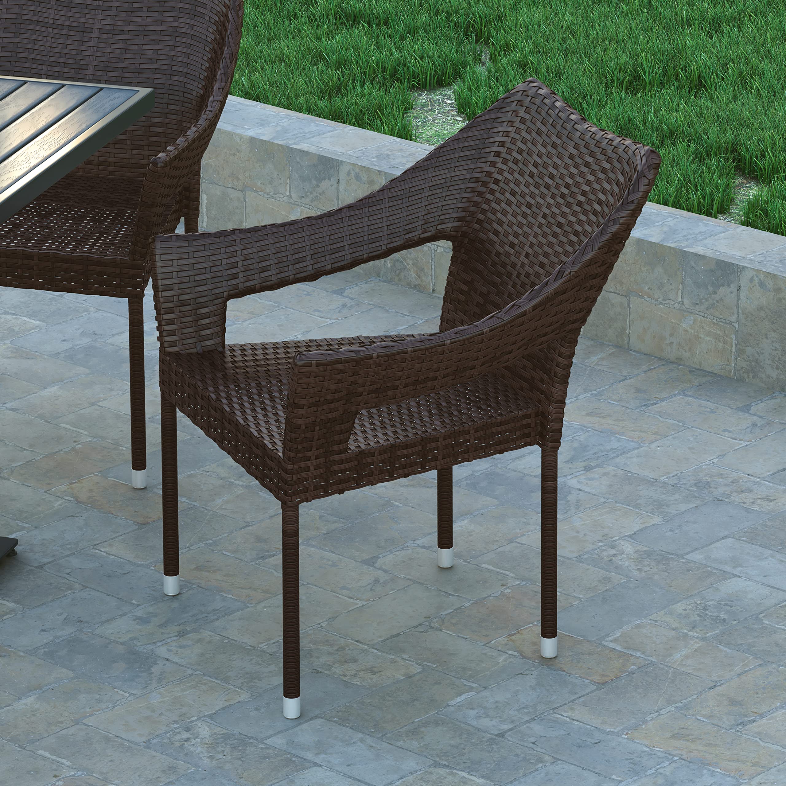 EMMA + OLIVER Embry Patio Dining Chair - PE Rattan with Steel Frame - All Weather Materials - No Assembly Required - Espresso