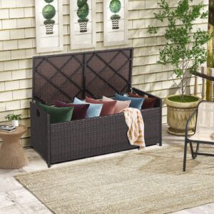 HAPPYGRILL 34 Gallon Patio Storage Bench Deck Box, 3-in-1 Rattan Wicker Storage Box with Seat Cushion & Zippered Protective Liner, Effort-Saving Gas Strut