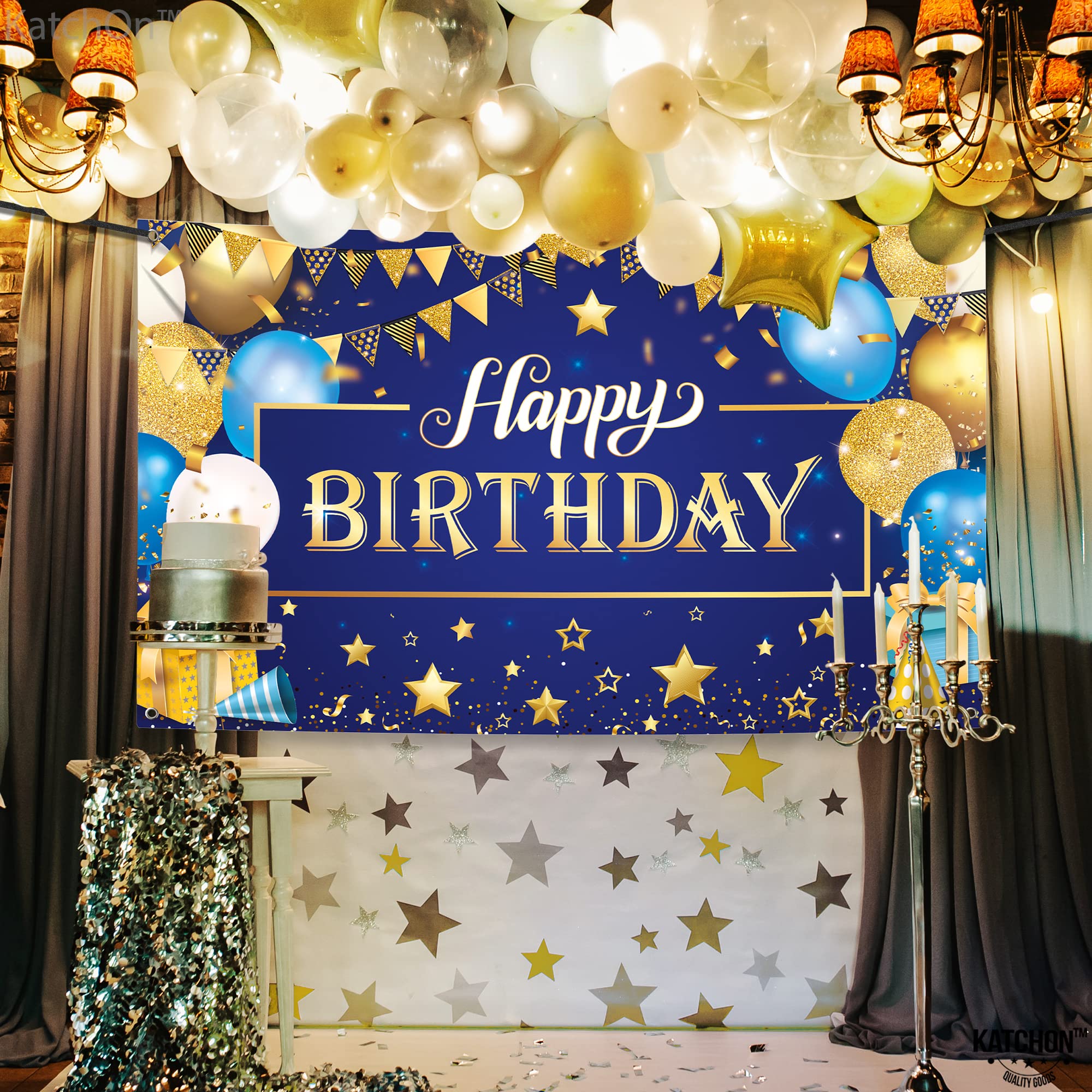 KatchOn, XtraLarge Gold and Blue Happy Birthday Banner - 72x44 Inch | Happy Birthday Backdrop for Men | Blue and Gold Birthday Backdrop for Happy Birthday Decorations | Blue Birthday Banner for Men