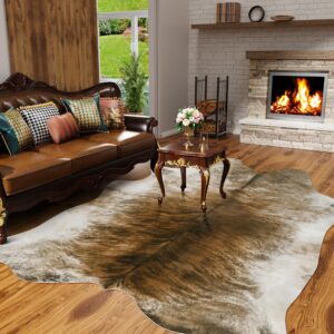 AROGAN Western Decor Faux Fur Cowhide Rug, 4.6 x 5.2 Feet Premium Animal Skin Cow Hide Rug, Sturdy Cow Print Rugs for Wall Decor, Western Floor Carpet for Bedroom Living Room, Brownish