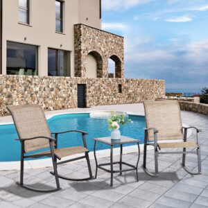 Vongrasig 3 Piece Outdoor Rocking Bistro Set, Textilene Fabric Small Patio Furniture Set, Front Porch Rocker Chairs Conversation Set with Glass Table for Lawn, Garden, Balcony, Poolside (Brown)