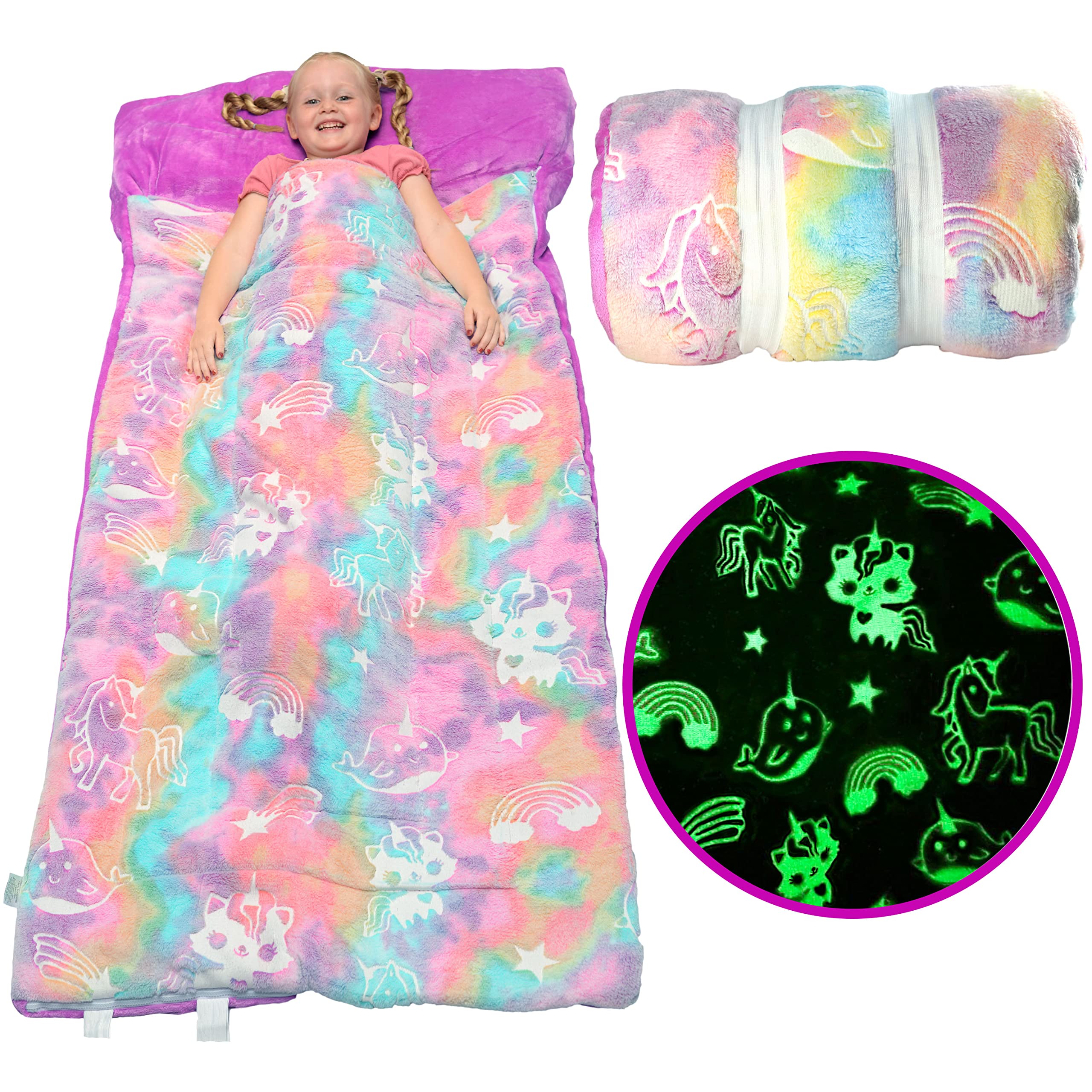 Rainbow Sleeping Bag Glow in The Dark Unicorn Slumber Bag for Girls - Plush Glowing Girly Nap Mat for Kids- Narwhal & Kitticorn Pink Large 66in x 30in Warm Sleeping Blanket Pad for Girls