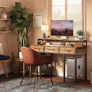 CubiCubi 47 Inch Computer Desk with 3 Drawers and Storage Shelves, Small Home Office Desk with Monitor Stand, Study Writing Table for Bedroom, Rustic Brown