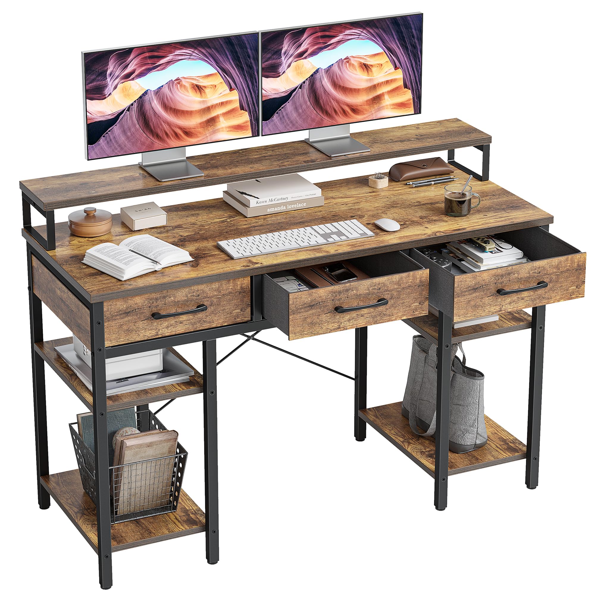 CubiCubi 47 Inch Computer Desk with 3 Drawers and Storage Shelves, Small Home Office Desk with Monitor Stand, Study Writing Table for Bedroom, Rustic Brown