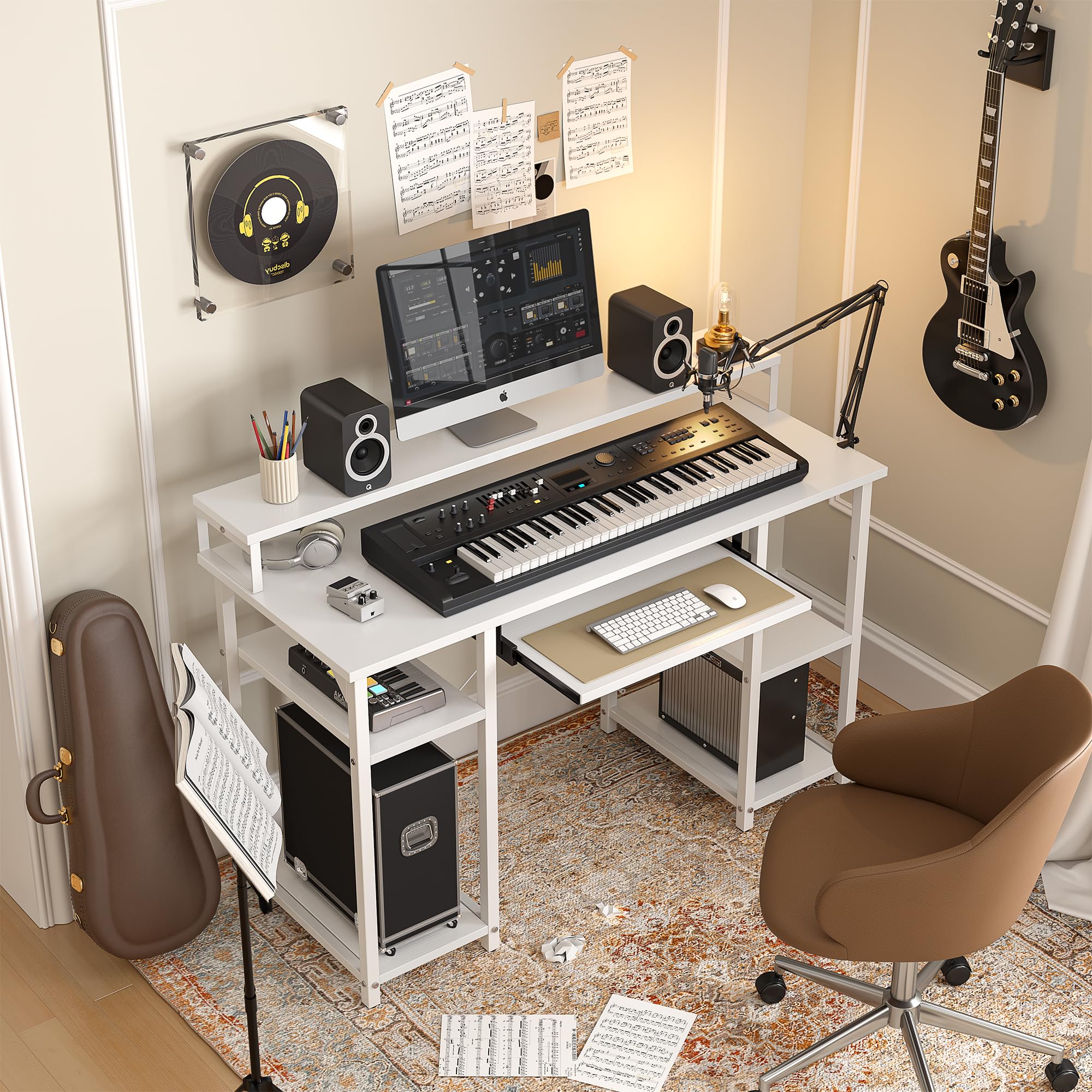 CubiCubi Computer Desk with Keyboard Tray, 47 Inch Office Desk with Monitor Stand and Storage Shelves, Music Studio Desk, Work Table Gaming Desk, White