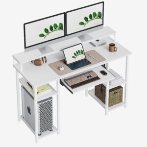 cubicubi computer desk with keyboard tray, 47 inch office desk with monitor stand and storage shelves, music studio desk, work table gaming desk, white