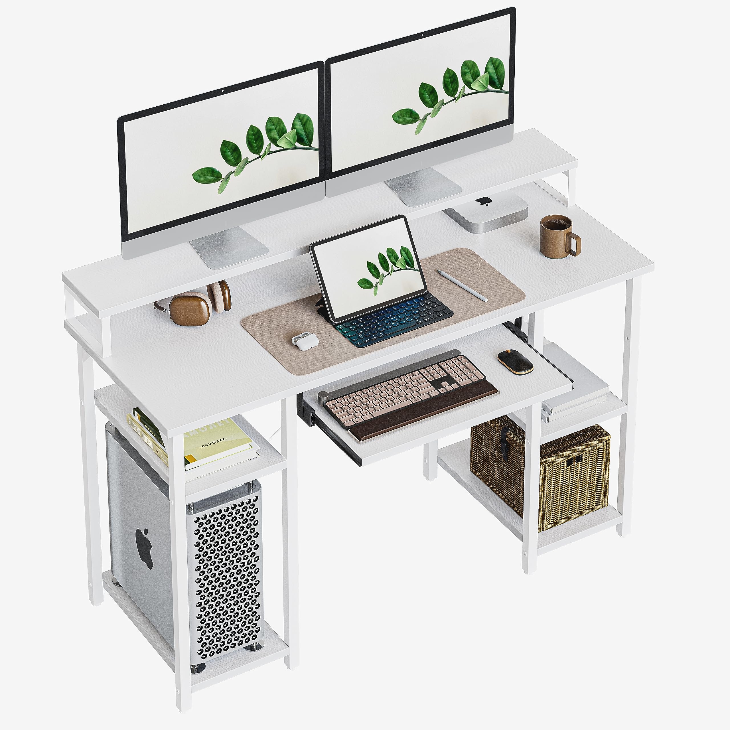 CubiCubi Computer Desk with Keyboard Tray, 47 Inch Office Desk with Monitor Stand and Storage Shelves, Music Studio Desk, Work Table Gaming Desk, White