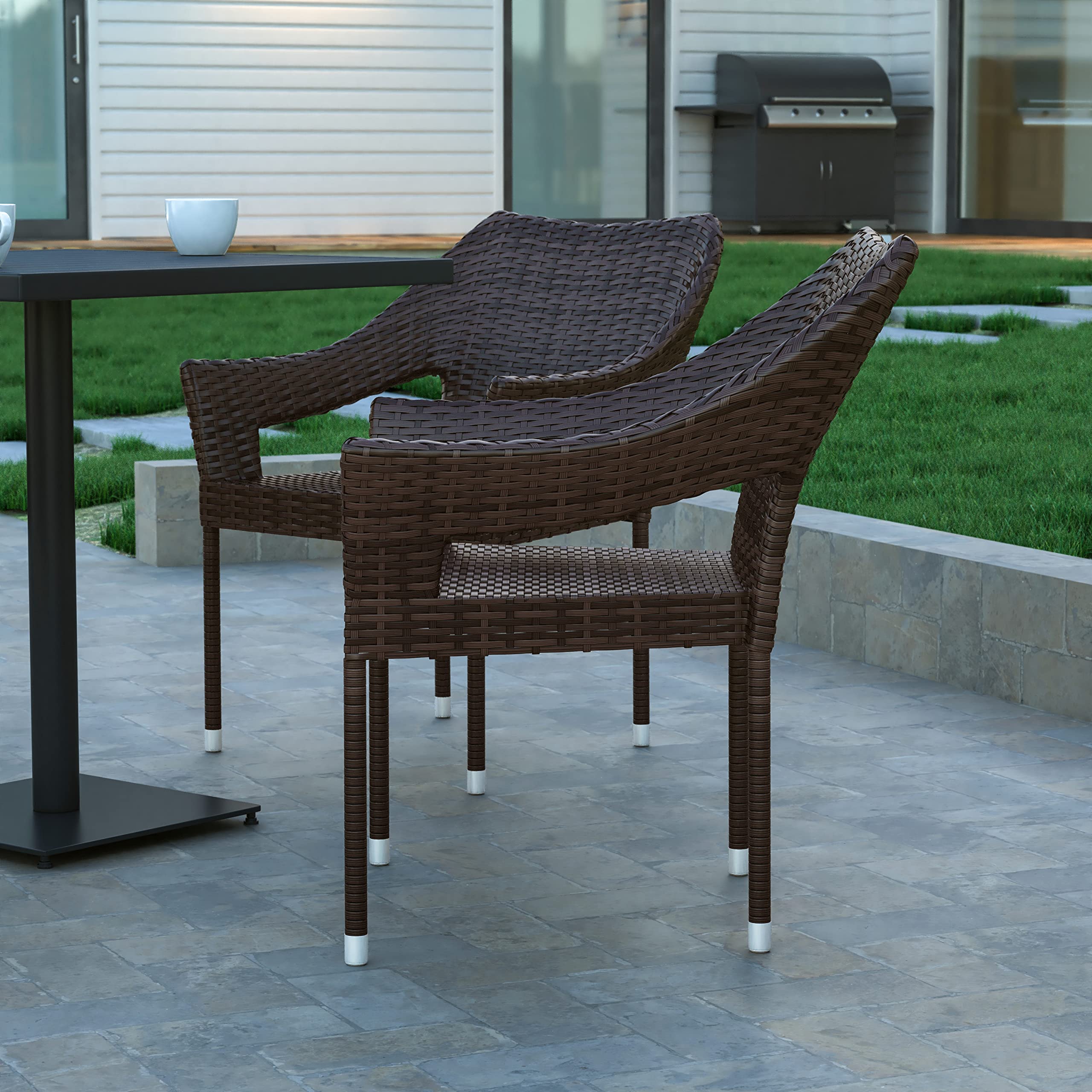 EMMA + OLIVER Embry Patio Dining Chair - PE Rattan with Steel Frame - All Weather Materials - No Assembly Required - Espresso