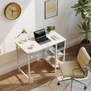 CubiCubi Computer Desk, 35 Inch Small Home Office Desk with Drawer Storage Shelves for Small Space, Writing Study Desk, White