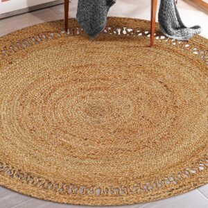 Bedding Craft Hand Woven Farmhouse Jute Area Rug 4 Ft Round Natural Yarn, Rustic Vintage Beige Braided Reversible Rug, Eco Friendly Rugs for Bedroom, Kitchen, Living Room, Farmhouse 100% Jute Rug