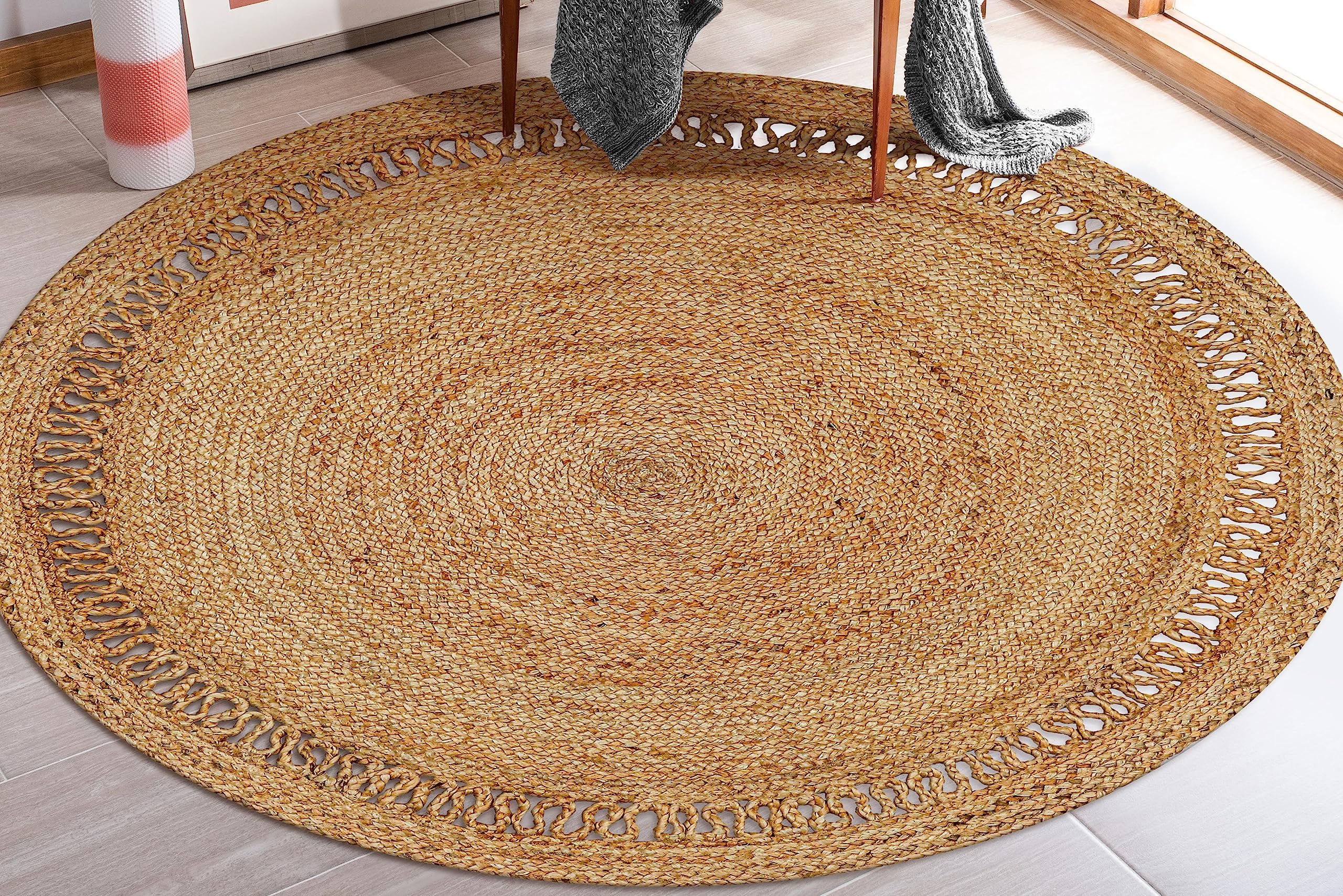 Bedding Craft Hand Woven Farmhouse Jute Area Rug 4 Ft Round Natural Yarn, Rustic Vintage Beige Braided Reversible Rug, Eco Friendly Rugs for Bedroom, Kitchen, Living Room, Farmhouse 100% Jute Rug