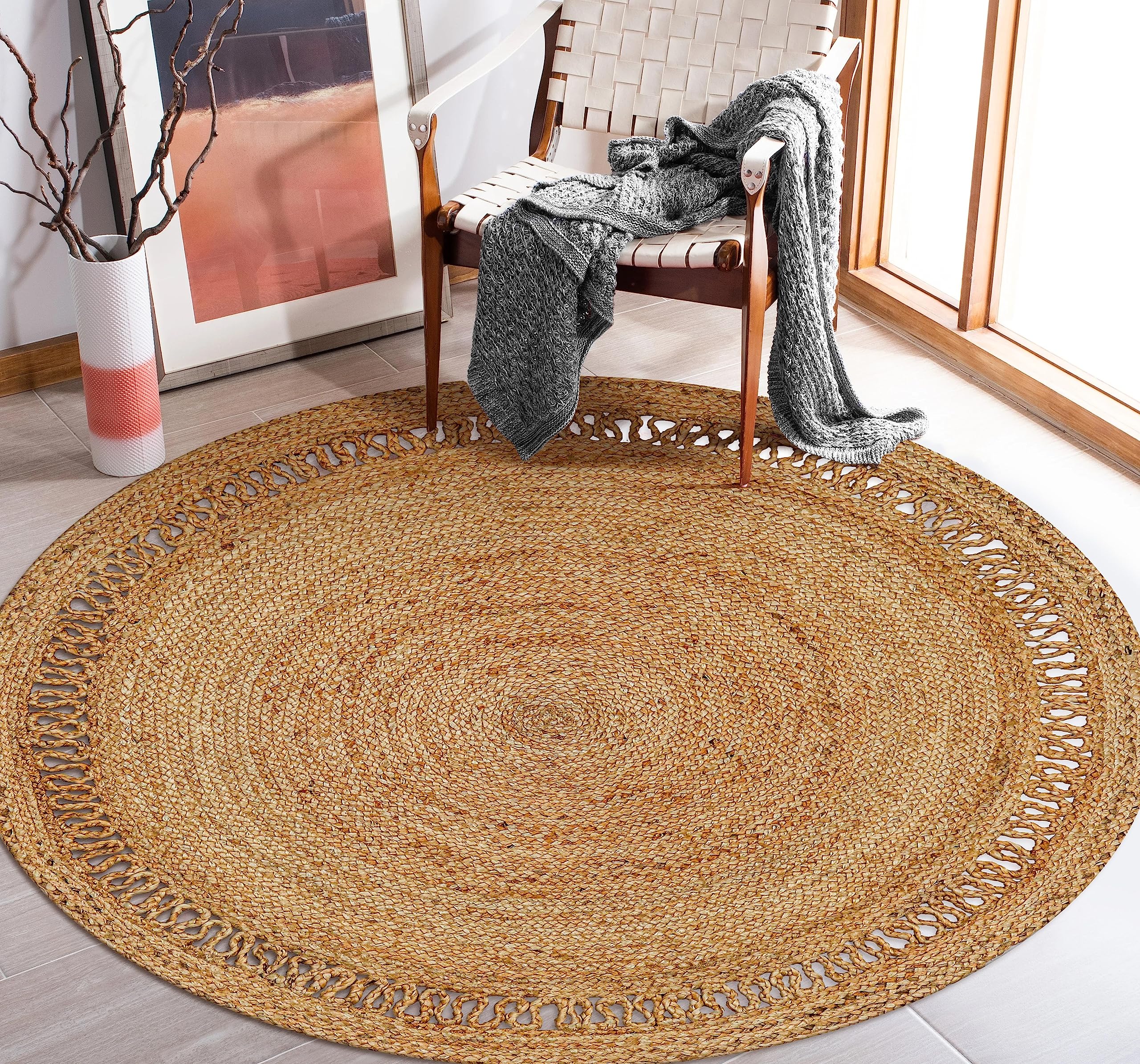 Bedding Craft Hand Woven Farmhouse Jute Area Rug 4 Ft Round Natural Yarn, Rustic Vintage Beige Braided Reversible Rug, Eco Friendly Rugs for Bedroom, Kitchen, Living Room, Farmhouse 100% Jute Rug