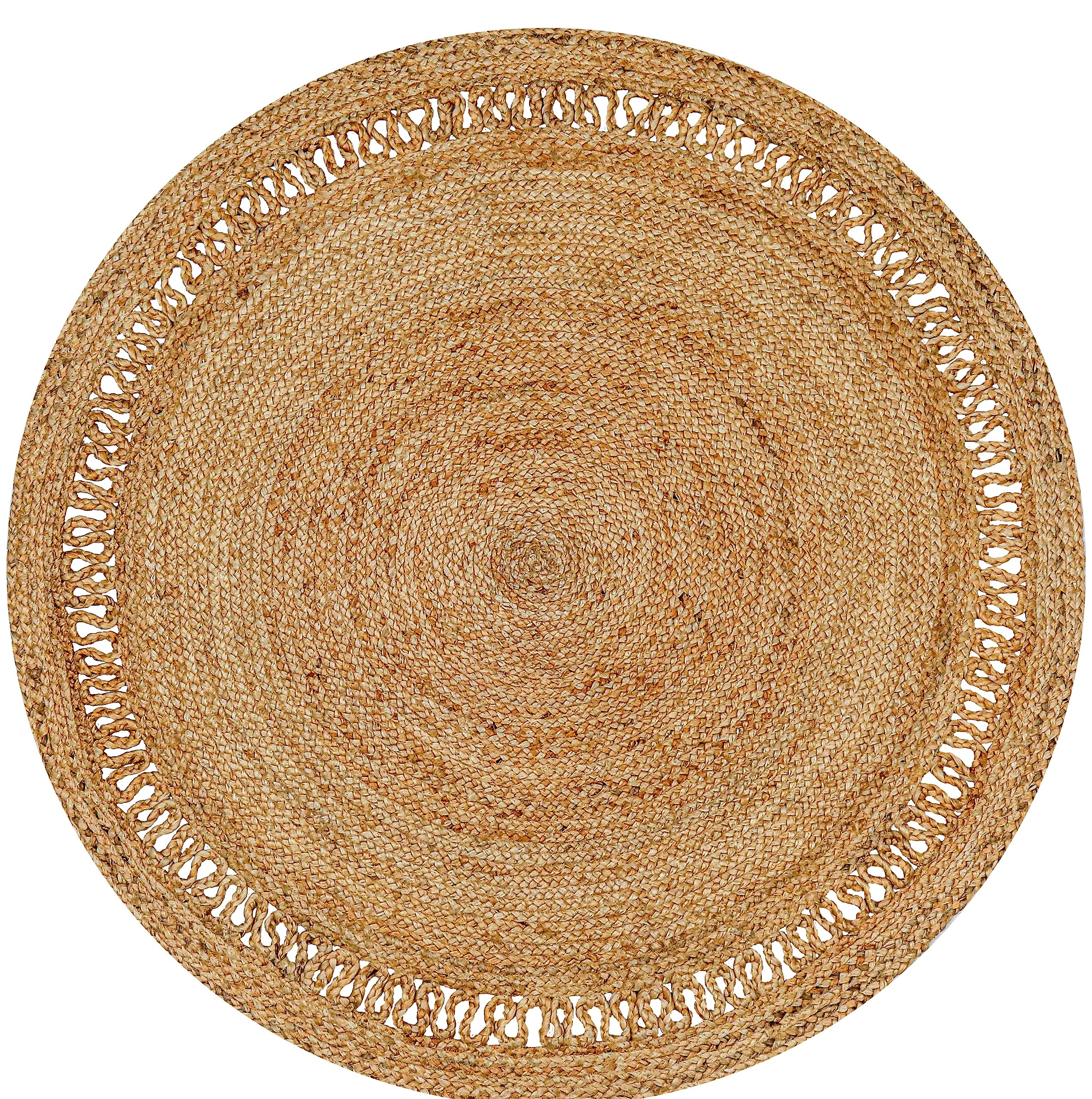 Bedding Craft Hand Woven Farmhouse Jute Area Rug 4 Ft Round Natural Yarn, Rustic Vintage Beige Braided Reversible Rug, Eco Friendly Rugs for Bedroom, Kitchen, Living Room, Farmhouse 100% Jute Rug