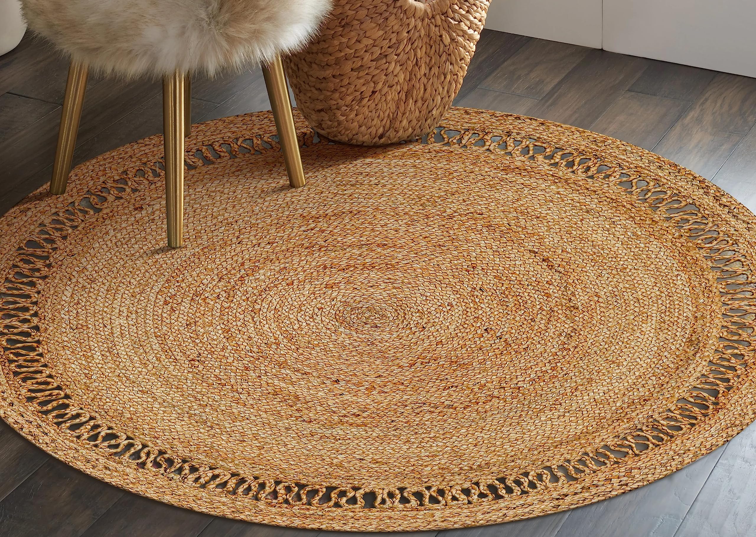 Bedding Craft Hand Woven Farmhouse Jute Area Rug 4 Ft Round Natural Yarn, Rustic Vintage Beige Braided Reversible Rug, Eco Friendly Rugs for Bedroom, Kitchen, Living Room, Farmhouse 100% Jute Rug