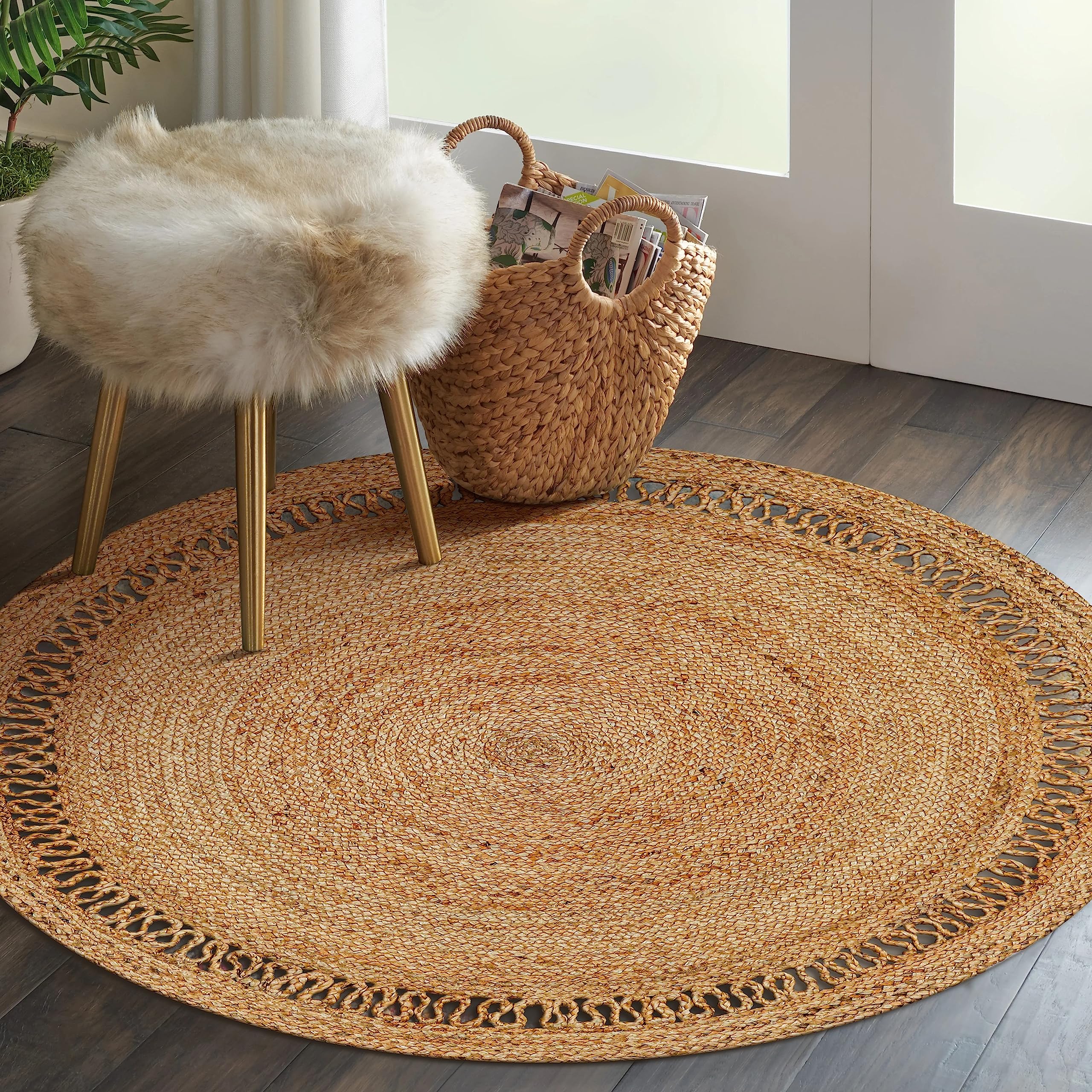 Bedding Craft Hand Woven Farmhouse Jute Area Rug 4 Ft Round Natural Yarn, Rustic Vintage Beige Braided Reversible Rug, Eco Friendly Rugs for Bedroom, Kitchen, Living Room, Farmhouse 100% Jute Rug