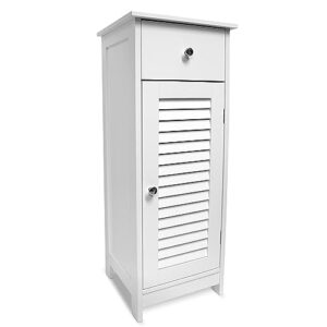 microdry narrow bathroom storage floor cabinet with slatted door, drawers and shelves, bathroom storage, compact functional design, premium water resistant coating, easy to assemble, white