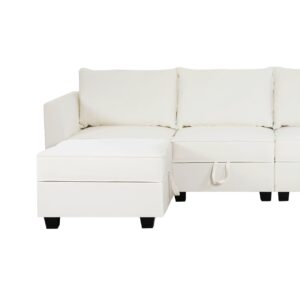 Naomi Home Modular Reversible U-Shaped Sectional Sofa with Double Chaise and Ottomans, Elizabeth Linen Couch with Storage Seats, White