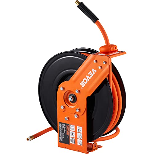 VEVOR Retractable Air Hose Reel, 3/8 IN x 50 FT Hybrid Air Hose Max 300PSI, Air Compressor Hose Reel with 5 ft Lead in, Ceiling/Wall Mount Heavy Duty Single Arm Steel Reel