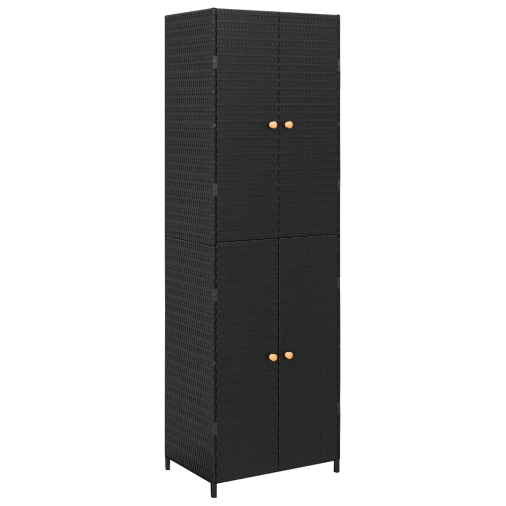 vidaXL Black Garden Storage Cabinet - Durable Poly Rattan Material, Water-Resistant Design, Features 4 Compartments, with Powder-Coated Steel Frame and Solid Acacia Wood Knobs - 23.2x15.7x70.9 inches