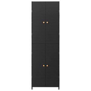 vidaXL Black Garden Storage Cabinet - Durable Poly Rattan Material, Water-Resistant Design, Features 4 Compartments, with Powder-Coated Steel Frame and Solid Acacia Wood Knobs - 23.2x15.7x70.9 inches