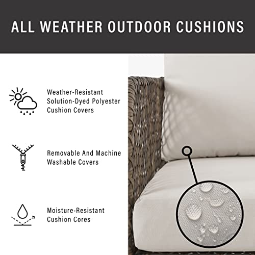 Crosley Furniture Granite Bay Wicker Outdoor Sofa, 3-Person Patio Couch for Porch, Deck, Backyard, Stone with Crème Cushions