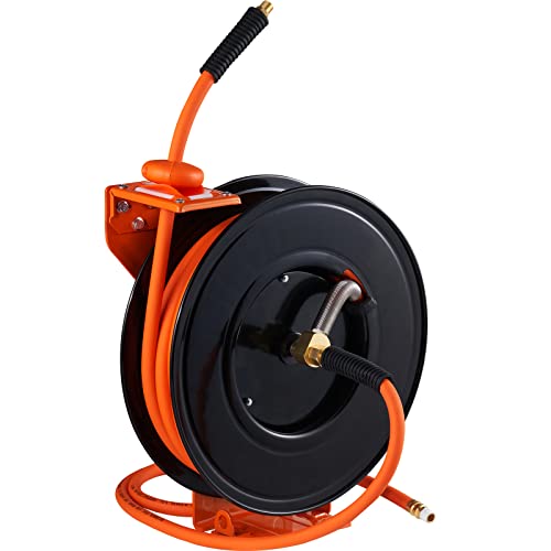 VEVOR Retractable Air Hose Reel, 3/8 IN x 50 FT Hybrid Air Hose Max 300PSI, Air Compressor Hose Reel with 5 ft Lead in, Ceiling/Wall Mount Heavy Duty Single Arm Steel Reel