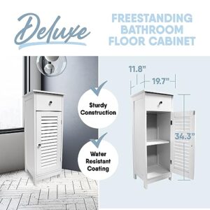 MICRODRY Narrow Bathroom Storage Floor Cabinet with Slatted Door, Drawers and Shelves, Bathroom Storage, Compact Functional Design, Premium Water Resistant Coating, Easy to Assemble, White