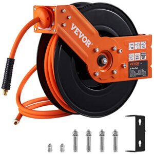 vevor retractable air hose reel, 3/8 in x 50 ft hybrid air hose max 300psi, air compressor hose reel with 5 ft lead in, ceiling/wall mount heavy duty single arm steel reel