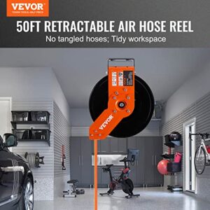 VEVOR Retractable Air Hose Reel, 3/8 IN x 50 FT Hybrid Air Hose Max 300PSI, Air Compressor Hose Reel with 5 ft Lead in, Ceiling/Wall Mount Heavy Duty Single Arm Steel Reel