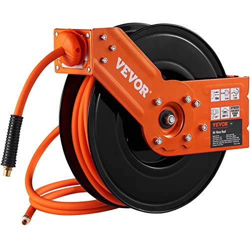 VEVOR Retractable Air Hose Reel, 3/8 IN x 50 FT Hybrid Air Hose Max 300PSI, Air Compressor Hose Reel with 5 ft Lead in, Ceiling/Wall Mount Heavy Duty Single Arm Steel Reel