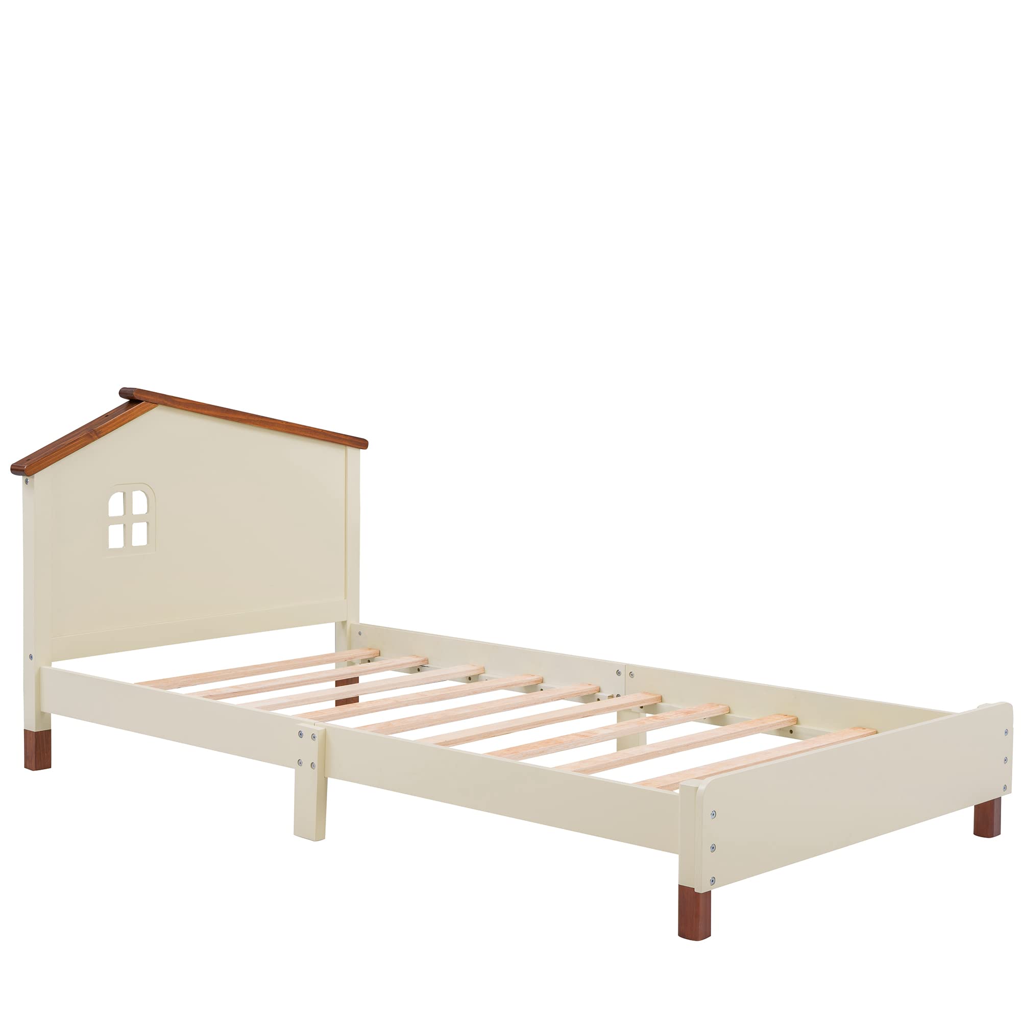 Bellemave Twin Size Platform Bed with Headboard, House Twin Bed with Support Slats, Wooden Kids Twin Size Bed Frame for Boys Girls, No Box Spring Needed, Bedroom Furniture (Cream+Walnut)