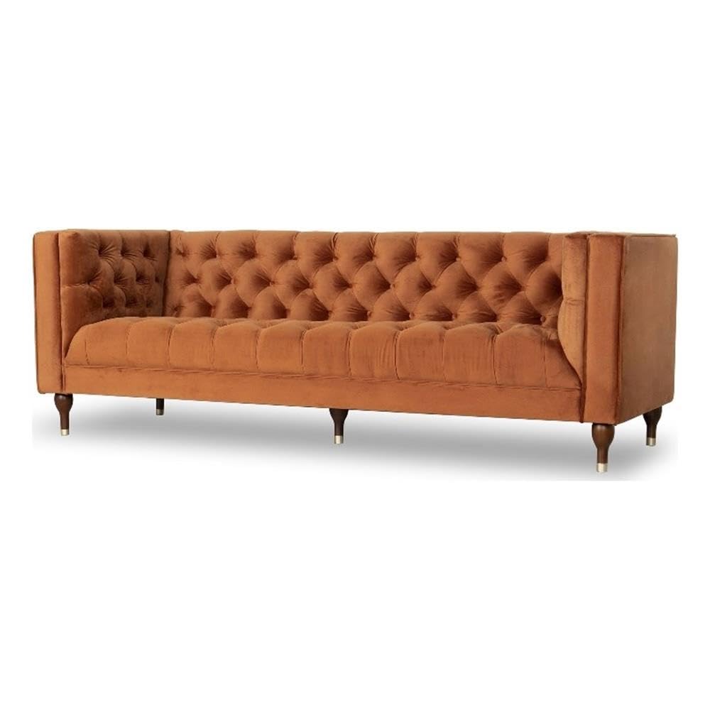 Ashcroft Furniture Co Conroe Mid-Century Tufted Tight Back Velvet Upholstered Sofa in Orange