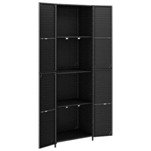 vidaXL Black Garden Storage Cabinet - Durable Poly Rattan Material, Water-Resistant Design, Features 4 Compartments, with Powder-Coated Steel Frame and Solid Acacia Wood Knobs - 23.2x15.7x70.9 inches