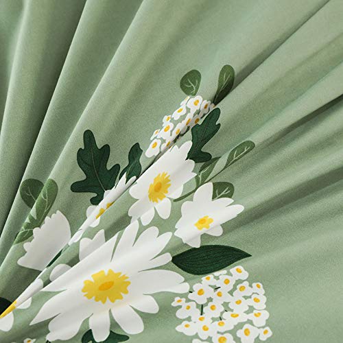 NTjinli Green Duvet Cover Queen Size-Chrysanthemum Queen Duvet Cover Set,100% Washed Microfiber Queen Comforter Set,1 Flower Duvet Cover 90x90 Inches with Zipper Closure and 2 Pillow Shams (King)