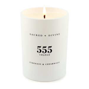 Sacred + Divine 555 "Change Scented Intention Candle, Tuberose and Cedarwood, Angel Number Manifestation Candle, Soy Coconut Aromatherapy Candle, 80 Hour Burn Time, Holiday Gift-Ready Box