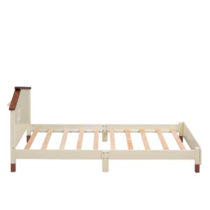 Bellemave Twin Size Platform Bed with Headboard, House Twin Bed with Support Slats, Wooden Kids Twin Size Bed Frame for Boys Girls, No Box Spring Needed, Bedroom Furniture (Cream+Walnut)