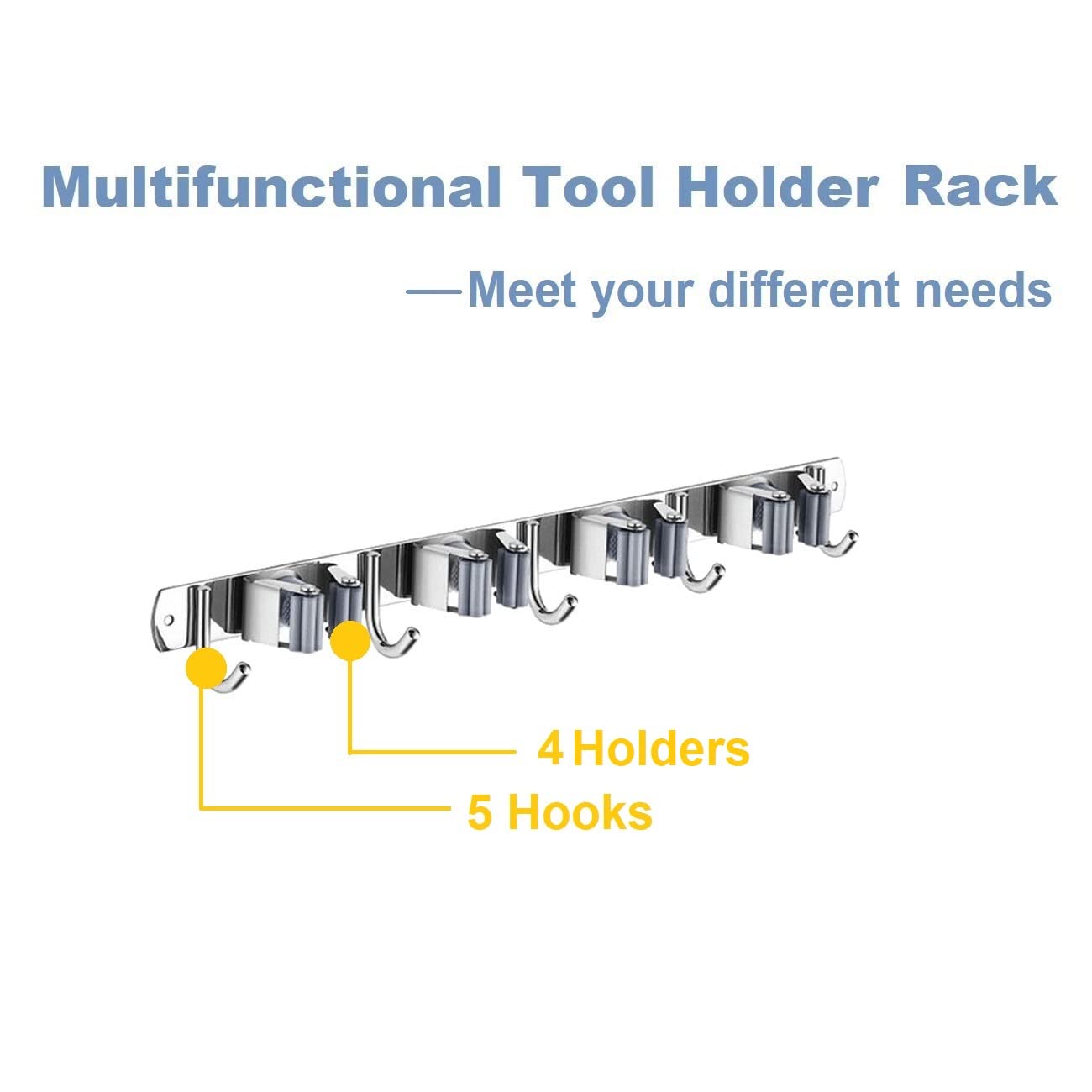 Mokife Mop Broom Holder Wall Mount Heavy Duty Adhesive Tools Organizer Rack Stainless Steel with 4 Positions 5 Hooks for Utility Room, Garage, Laundry, Garden, Kitchen, Bathroom, Toilet and Office