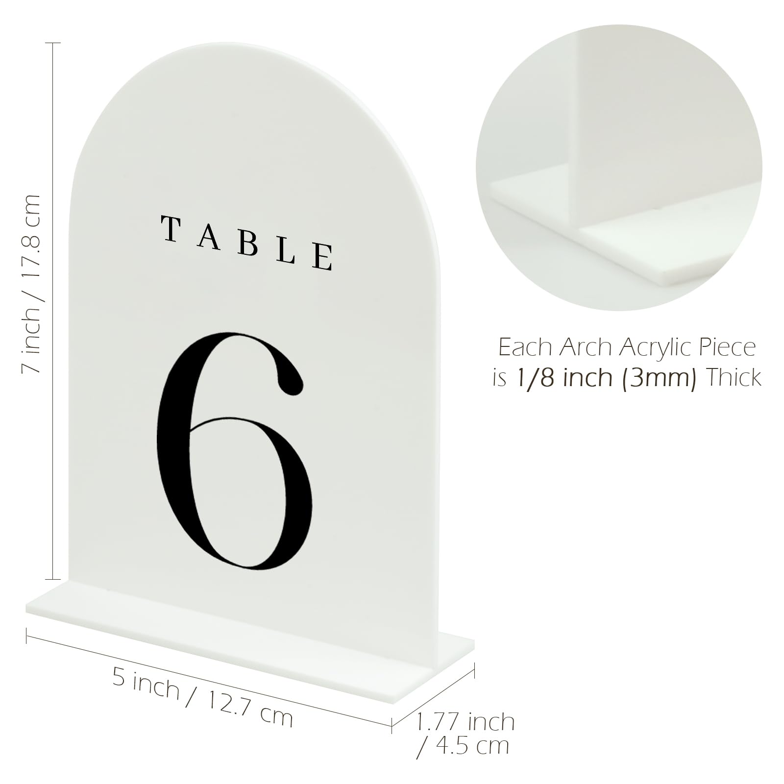 JINMURY White Arch Acrylic Table Numbers 1-30 with Stand, 5x7" White Arch Acrylic Sign and Holder Wedding Table Numbers for Reception, Centerpiece, Event (White, Black Font 1-30, 5x7 Inch)