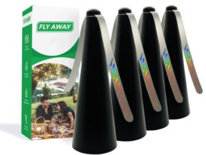 fly away - 4 pack outdoor fly repellent fan, outside or inside table use, restaurant, barbeque, events, deter flies, wasps, bees, other moscas and bugs away, battery operated, tabletop, hanging hook.