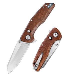 win+ pocket knife, folding knife with button lock and axis lock, tactical knives with ball bearing and thumb stud, d2 small edc knife for survival camping, ideal gift for men and women 3442 (b-brown-micarta)