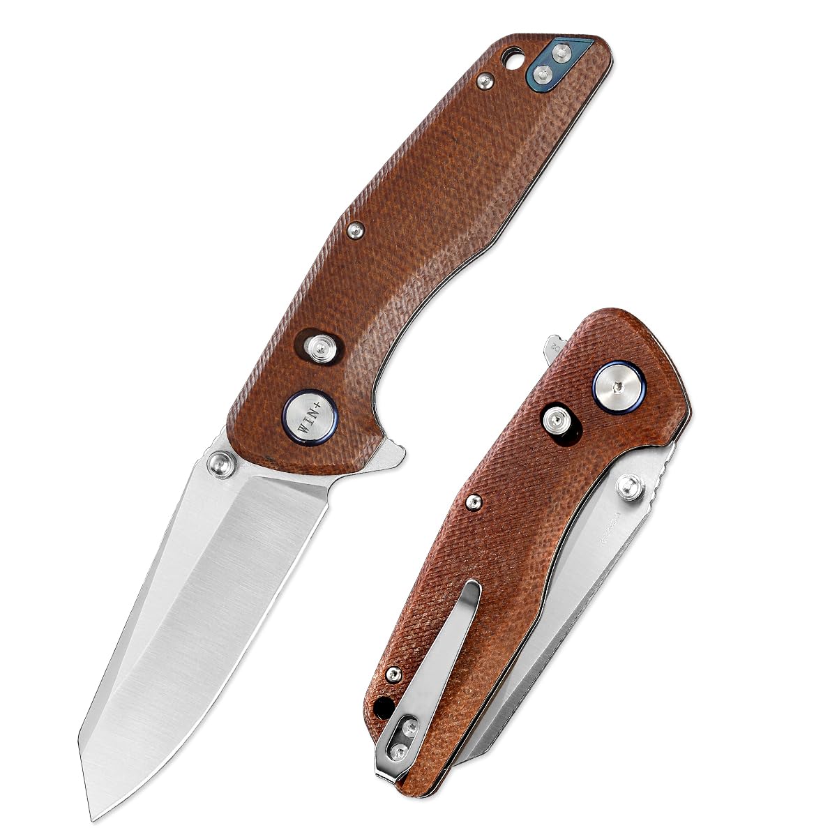 WIN+ Pocket Knife, Folding Knife with Button Lock and Axis Lock, Tactical Knives with Ball Bearing and Thumb Stud, D2 Small EDC Knife for Survival Camping, Ideal gift for Men and Women 3442 (B-Brown-Micarta)