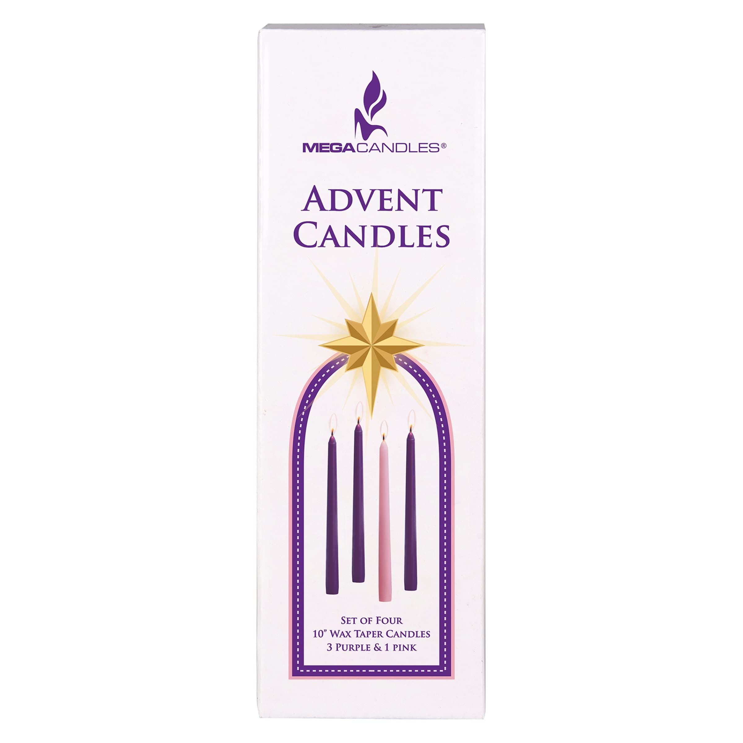 Mega Candles 4 pcs Unscented Christmas Advent Candles Set, Hand Poured Premium Wax Taper Candle 10 Inch x 7/8 Inch, Holidays, Celebrations, Devotional, Church, Wreath, Party, Gifts