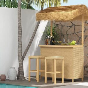 Grand patio 2 Piece Outdoor Tropical Paradise Tiki Bars Stools, Phuket Islander Tiki Bar 2 Stools for Garden Patio, Natural