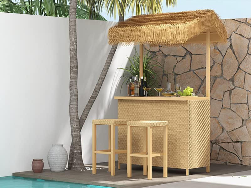 Grand patio 2 Piece Outdoor Tropical Paradise Tiki Bars Stools, Phuket Islander Tiki Bar 2 Stools for Garden Patio, Natural